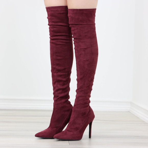 Wine Women's Thigh High Boots Faux Suede Pointed Toe Stilettos - Picture 6 of 15